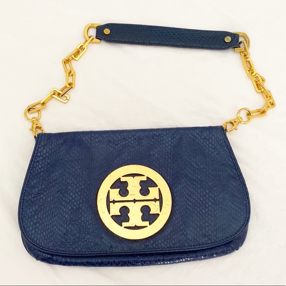 Tory Burch Reva blue snakeskin shoulder bag.